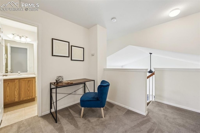 sitting room with light colored carpet and sink