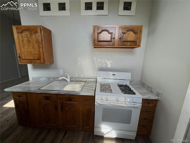 kitchen with dark wood-type flooring, gas range gas stove, and sink