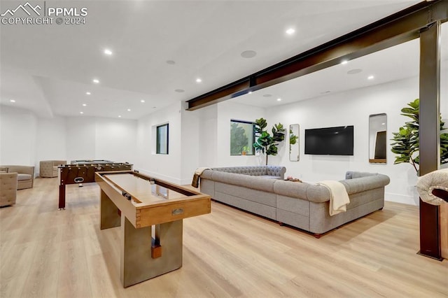 recreation room with light wood-type flooring