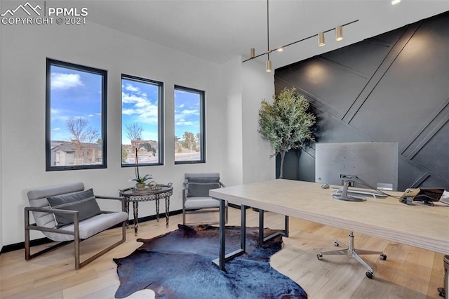 office space featuring track lighting and hardwood / wood-style flooring