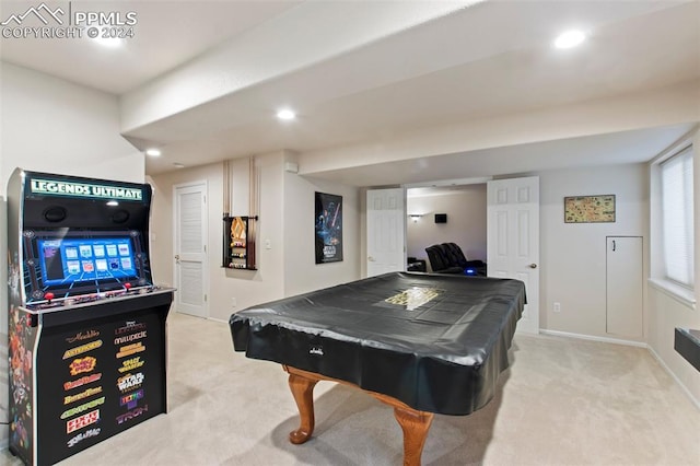 playroom with light colored carpet and billiards