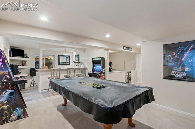 playroom featuring bar, light colored carpet, and billiards