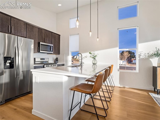 kitchen with appliances with stainless steel finishes, light hardwood / wood-style floors, a kitchen breakfast bar, and sink