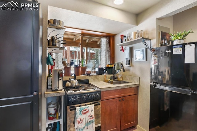 kitchen featuring black refrigerator, sink, stainless steel stove, and fridge