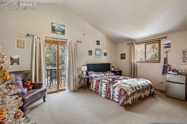 carpeted bedroom featuring lofted ceiling, access to outside, and stainless steel fridge