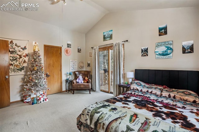 bedroom featuring high vaulted ceiling, light carpet, access to exterior, and ceiling fan