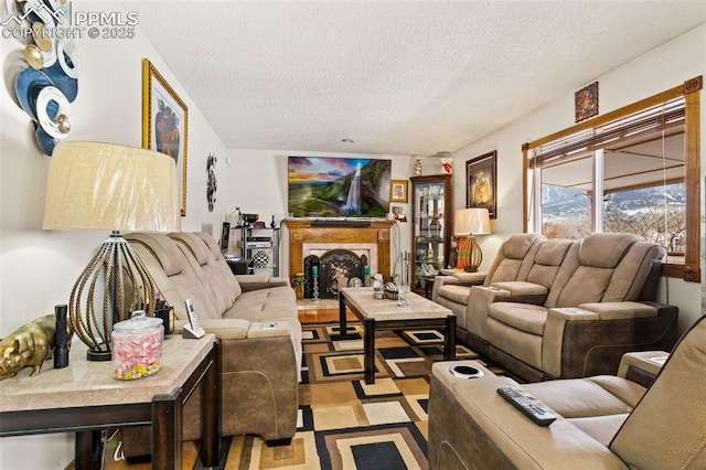 living room with a textured ceiling