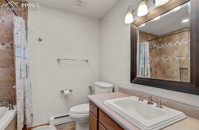 full bathroom with tile patterned flooring, a baseboard heating unit, toilet, shower / tub combo with curtain, and vanity