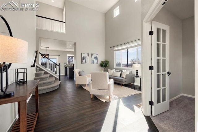 living room featuring a high ceiling and dark wood-type flooring