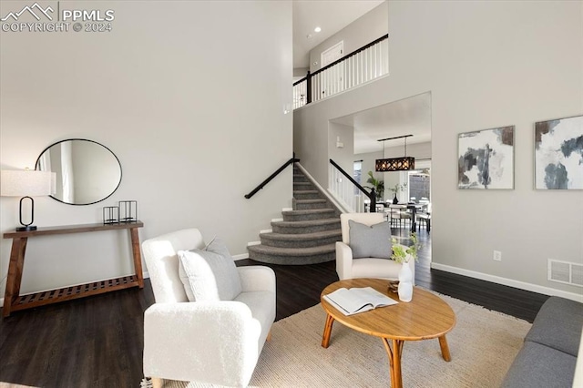 living room featuring a towering ceiling and dark hardwood / wood-style floors