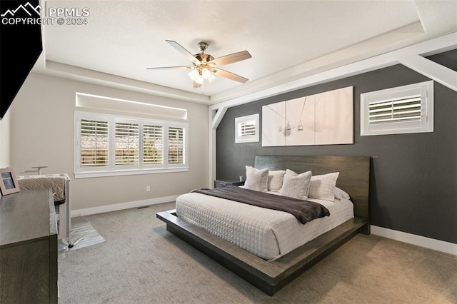 carpeted bedroom featuring a tray ceiling and ceiling fan