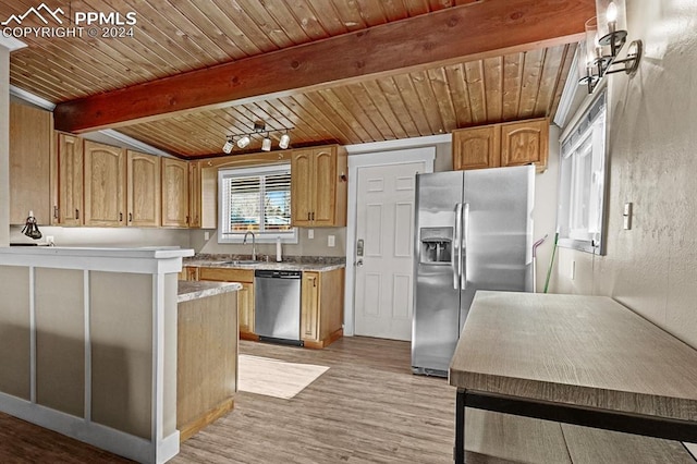 kitchen with wooden ceiling, sink, light wood-type flooring, beam ceiling, and stainless steel appliances