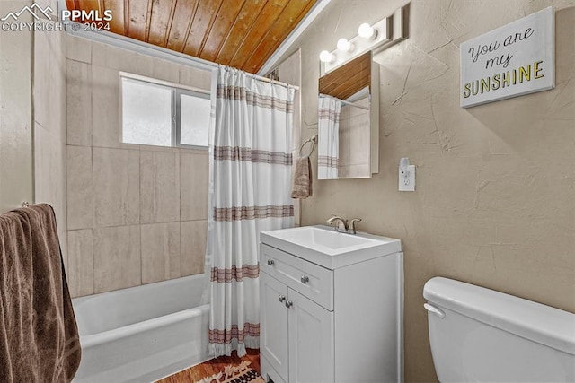 full bathroom featuring shower / bath combination with curtain, vanity, wooden ceiling, and toilet