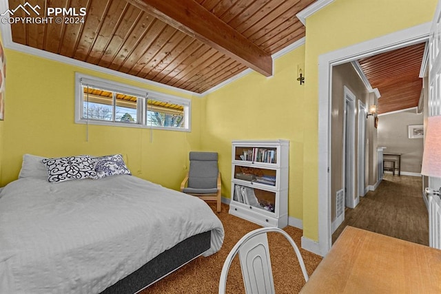 bedroom with vaulted ceiling with beams, wood ceiling, and ornamental molding