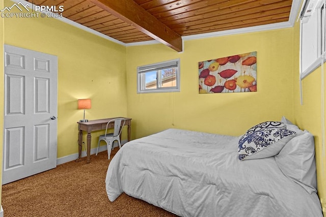 bedroom with beamed ceiling, wooden ceiling, ornamental molding, and carpet