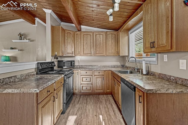 kitchen with sink, stainless steel appliances, lofted ceiling with beams, light hardwood / wood-style floors, and wood ceiling