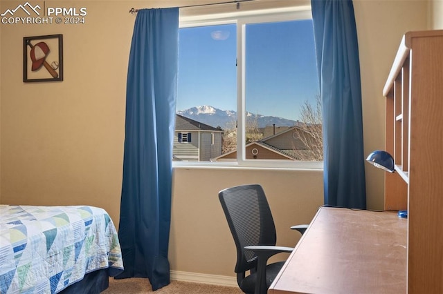 carpeted bedroom with a mountain view