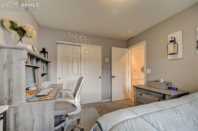 carpeted bedroom featuring a closet and a textured ceiling