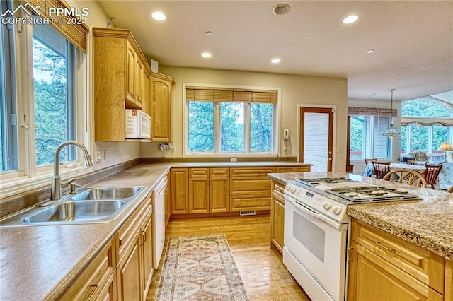 kitchen with a wealth of natural light, sink, and white appliances