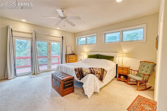 bedroom with access to exterior, carpet floors, and ceiling fan