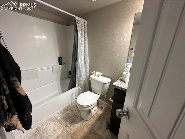 full bathroom featuring toilet, shower / bath combo with shower curtain, and vanity