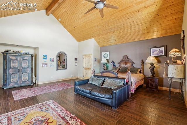 bedroom featuring beam ceiling, ceiling fan, dark wood-type flooring, wooden ceiling, and high vaulted ceiling