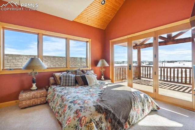 carpeted bedroom featuring access to exterior, wooden ceiling, and vaulted ceiling