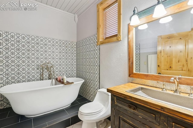 bathroom featuring a tub to relax in, tile patterned floors, crown molding, toilet, and vanity