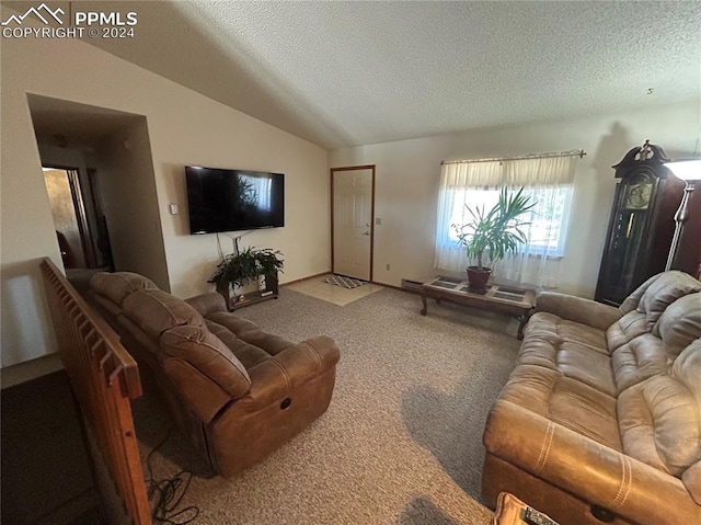 living room with carpet flooring, a textured ceiling, and vaulted ceiling