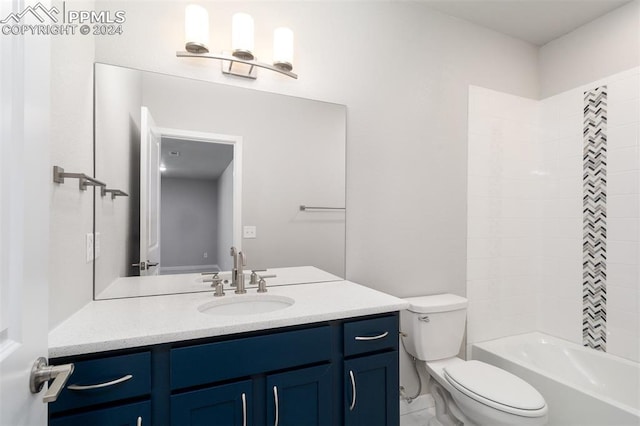 full bathroom featuring bathtub / shower combination, vanity, and toilet