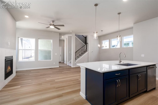 kitchen featuring an island with sink, a wealth of natural light, light hardwood / wood-style floors, and sink