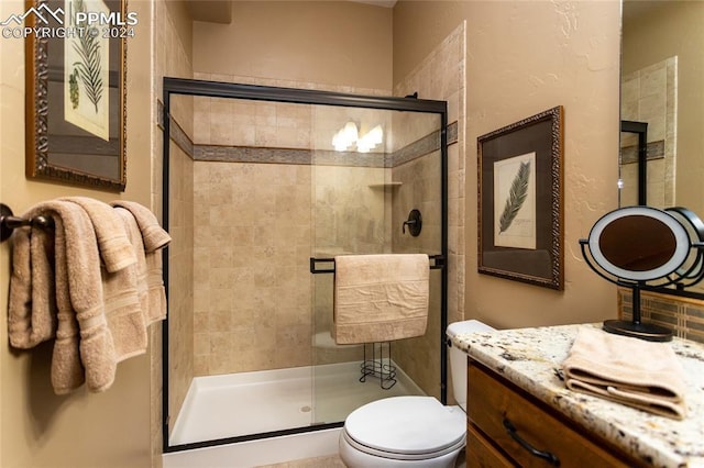 bathroom with toilet, vanity, and walk in shower