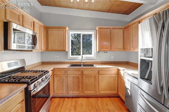 kitchen featuring sink, wood ceiling, stainless steel appliances, vaulted ceiling, and light wood-type flooring