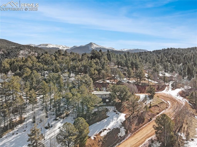 snowy aerial view with a mountain view