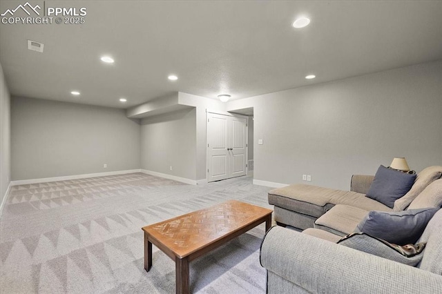 living room with light colored carpet