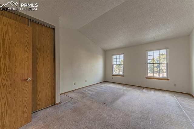 carpeted empty room featuring a textured ceiling and lofted ceiling