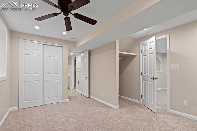 unfurnished bedroom featuring a ceiling fan, recessed lighting, baseboards, and carpet floors