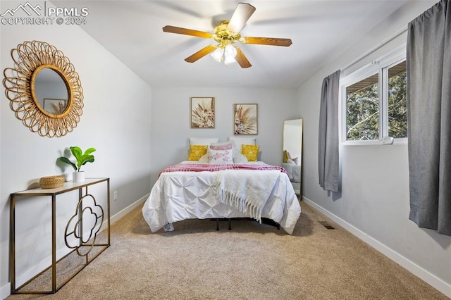 bedroom featuring carpet flooring and ceiling fan