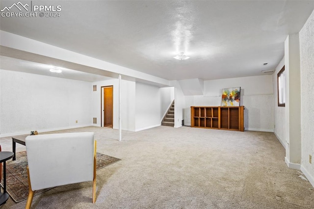 basement with light colored carpet