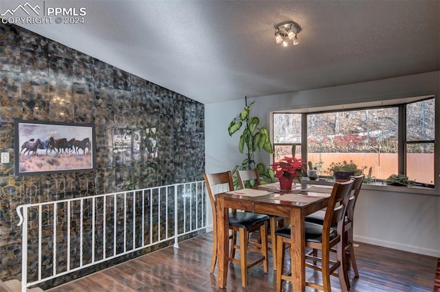 dining area with a textured ceiling and dark wood-type flooring