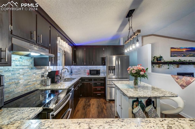 kitchen with tasteful backsplash, stainless steel appliances, sink, pendant lighting, and lofted ceiling