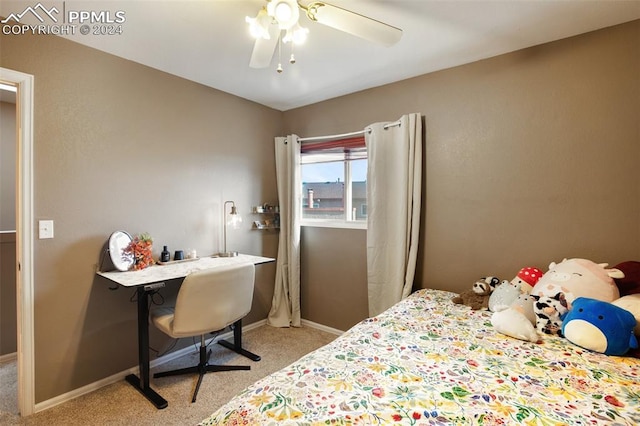 bedroom with light carpet and ceiling fan