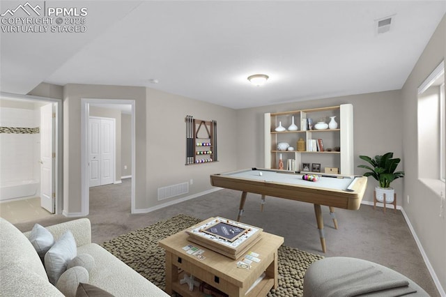 recreation room featuring light carpet and billiards