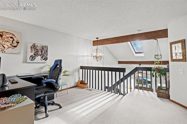 office space featuring vaulted ceiling with beams, carpet floors, a textured ceiling, and an inviting chandelier