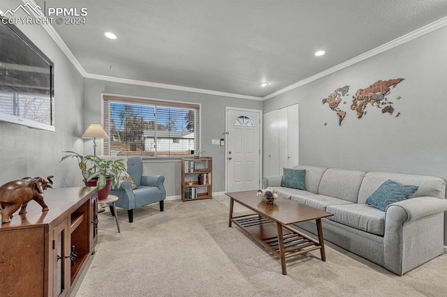 living room featuring light colored carpet and ornamental molding