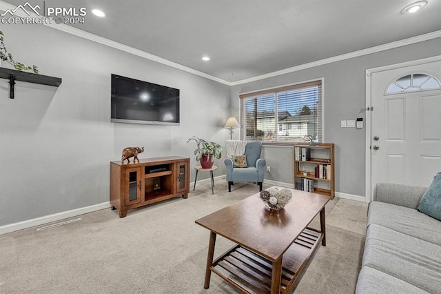 living room featuring light colored carpet and crown molding