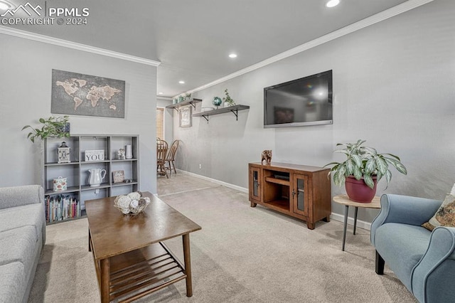 living room featuring light colored carpet and crown molding