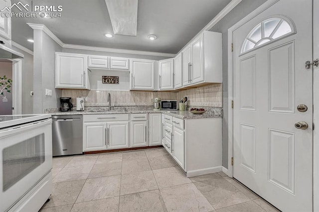 kitchen with white cabinets, dishwasher, stove, and sink