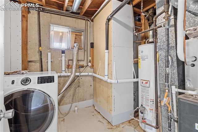 laundry room with water heater and washer / dryer