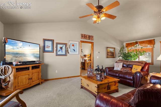 living room with ceiling fan, light carpet, and lofted ceiling